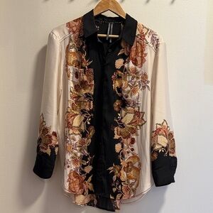 Anthropologie Black & Cream Floral Panel Button-Down Shirt
